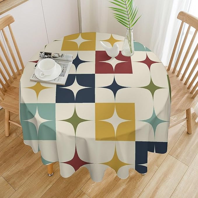Middle Century Modern Round Tablecloth, Retro Mid Century Geometry Abstract Bohemia Tablecloth for Home Party Dining Room Kitchen Decor 70Inch(178cm)