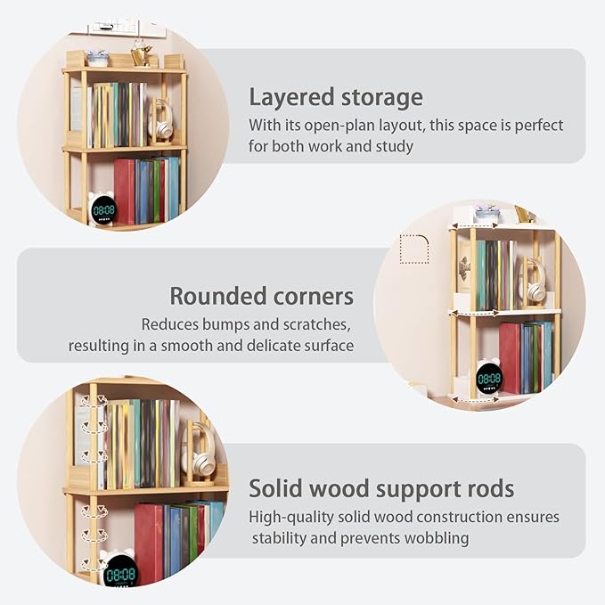 Desktop Organizer Shelf, Multi Tier Wood Tabletop Bookshelf, Space Saving Countertop Storage Rack for Office, Bedroom, Living Room(Light Walnut,15.7 * 7.8 * 26.7in)