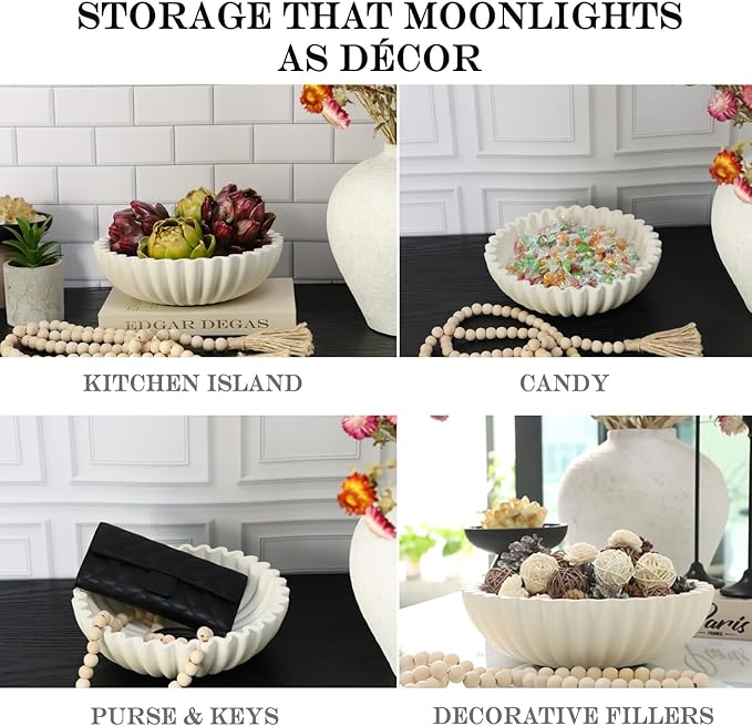 Decorative Bowl for Home Decor - White Large Decorative Fruit Bowls for Candy - Scalloped Ruffle Centerpiece key Bowl - Morden Round 10" Aesthetic Coffee Entry Table Decor With Wood Beads