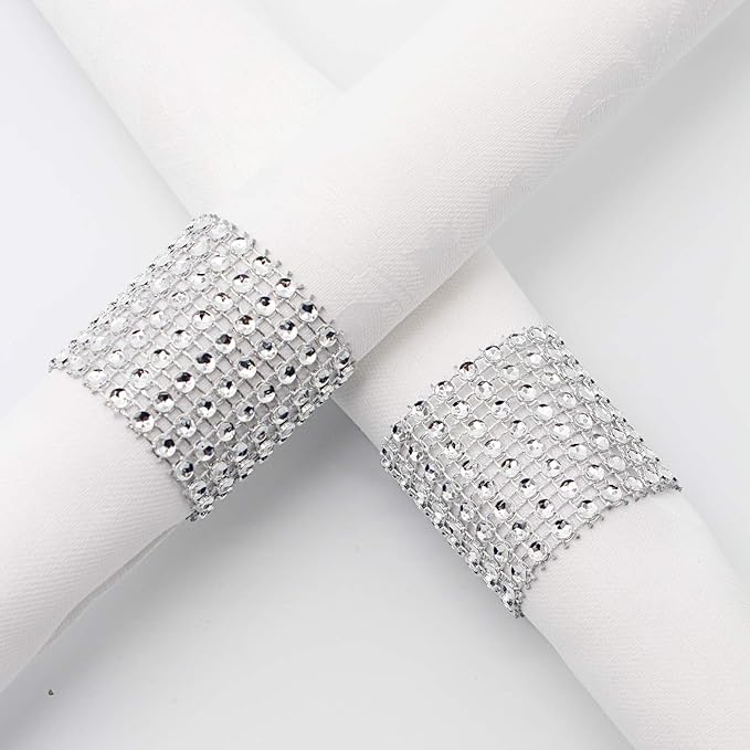 KPOSIYA Napkin Rings, Pack of 60 Rhinestone Napkin Rings Diamond Adornment for Place Settings, Wedding Receptions, Dinner or Holiday Parties, Family Gatherings (60, Silver)