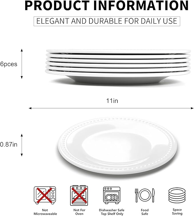 Melamine Beaded Dinner Plate Set of 6, 11inch, Basic White, BPA Free, Platter, Serving Dishes, Chip & Break Resistant, Lightweight, Melamine Dishes Set for Valentine's Day, Weddings & Everyday Meals