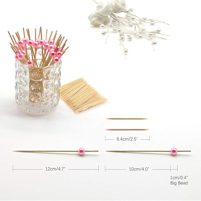 Minisland Pink Pearl Cocktail Picks, 4.7 Inch Long Bamboo Fancy Toothpicks for Appetizers, Decorative Valentines Baby Shower Holiday Party Food Drink Garnish Fruit Skewer Sticks 100 Counts - MSL153