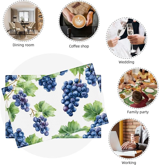 Grape Placemats Set of 4, Blue Grapes Place Mats, Fruit Waterproof Washable Table Mats for Home Party Indoor Kitchen Dining Table Decoration 12x18 Inch