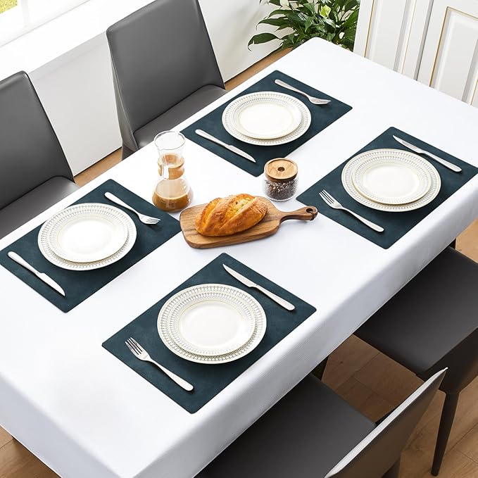 MOSAYT Vinyl Placemats Set of 8-12 X 17 Inch - Faux Leather 100% Waterproof Oil-Proof Wipeable PU Place Mats, Heat Resistant Reversible Table Mats for Kitchen, Dining, Outdoor (Navy Blue)