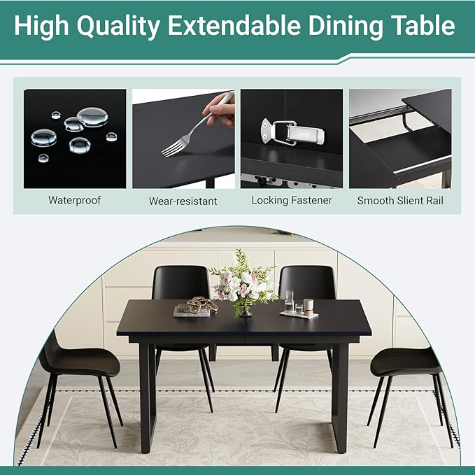 Extendable Dining Table Set for 4, 55"–71" Modern Black Kitchen Table with 4 Upholstered Chairs, Space-Saving for Living Room Apartment, Sturdy & Comfortable, Easy Assembly