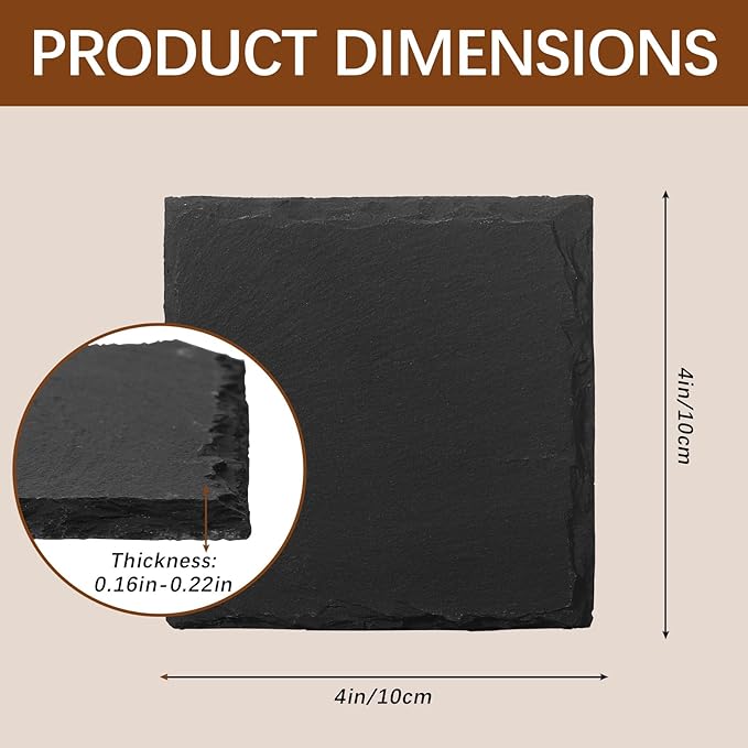 24 PCS Slate Coasters Black Square 4 Inch Bulk Rock, Blank Laser Engraving, Scratch Resistant Bottom, Home Office Kitchen Gift Wedding Bar Party
