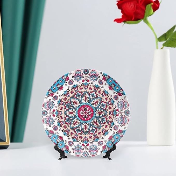 XISUNYA 7 Inch Decorative Plate, Boho Tableware Plate, Henna Style Floral Circles Paisley Retro Kaleidoscope Print Ceramic Wall Hanging for Home Office Party Dinner Table Decor
