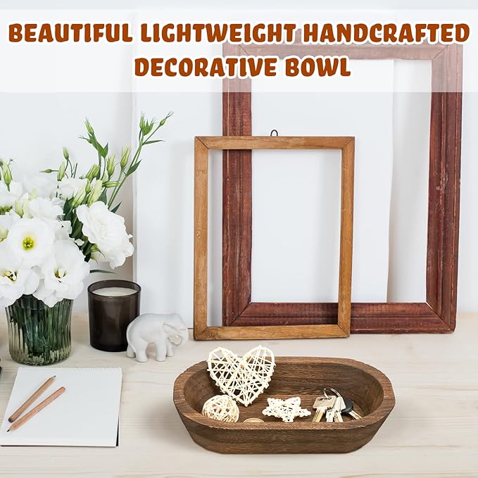 Tessco 2 Pcs Wooden Dough Bowl for Home Rustic Bread Long Wooden Bowl for Kitchen Dining Table Home Decoration(10 x 6 x 2 Inch, 16 x 6 x 2 Inch,Brown)