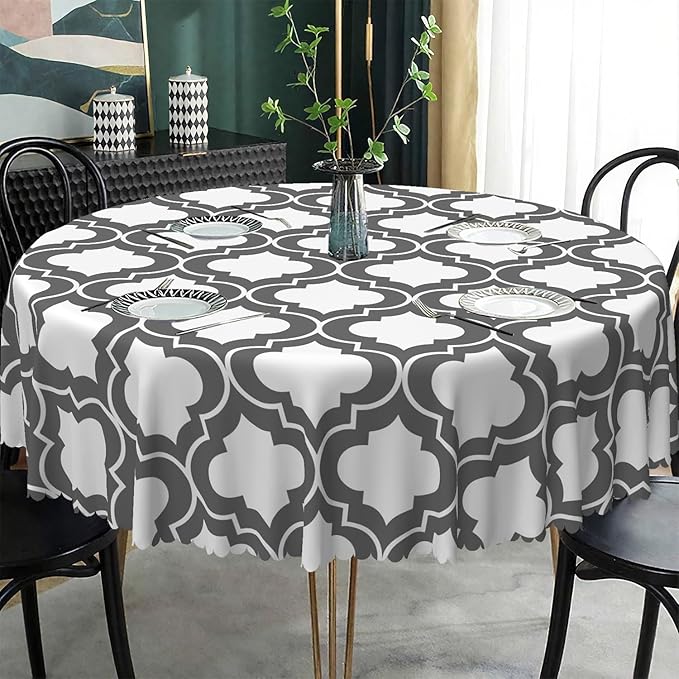 Laeacco 42 Inch Morocco Round Tablecloth Grey White Geometric Lattice Modern Abstract Art Print Table Cloth Washable Waterproof Wrinkle Free Table Cover for Kitchen Dining Picnic Party Decoration