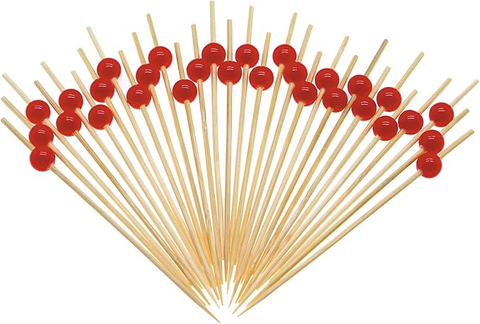 Minisland Red Pearl Cocktail Picks, 4.7 Inch Long Bamboo Fancy Toothpicks for Appetizers, Decorative Valentines Christmas Holiday Party Food Drink Garnish Fruit Kabob Skewer Sticks 100 Counts -MSL155