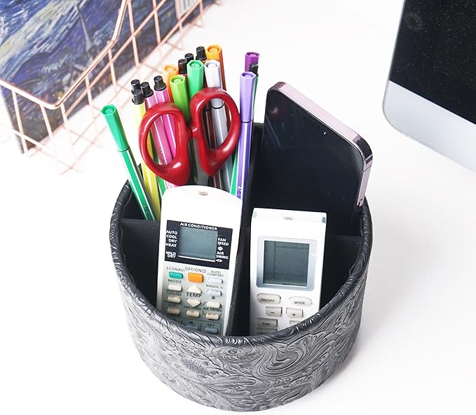 lizimandu Round Leather Art Supply Organizer,Remote Control Holder,360 Degree Spinning,Multi-Functional Pencil Holder,4 Compartments Desktop Stationary Organizer(1-Carved Black)