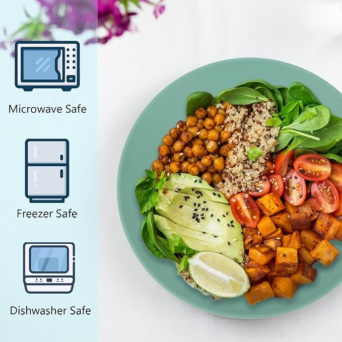 Homienly Flat Dinner Plates Set of 8 Alternative for Plastic Plates Microwave and Dishwasher Safe Wheat Straw Plates for Kitchen Unbreakable Kids Plates(Green, 10 inch), MS 01