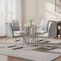 38.9" Round Glass Dining Table Set for 4, Modern 5 Piece Kitchen Table Set with Silver Stainless Steel Base & 4 PU Leather Accent Chairs, Saving Space, Dining Set for Apartment, Home - Grey Chair