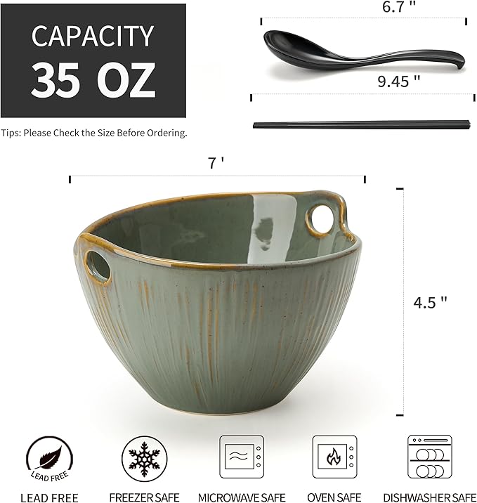 Ramen Bowl with Chopsticks and Spoons Set, 7 Inch Ceramic Noodle Bowl Set of 2, Dishwasher Safe for Pho Udon Soba Noodle Salad Pasta, Special Reactive Glazed Green Bowls Set