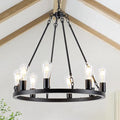 8-Light Wagon Wheel Chandelier, Farmhouse Chandelier Dining Room Light Fixture, Black Round Industrial Rustic Pendant Lighting, Vintage Hanging Lights for Kitchen Island Living Room Bedroom Entryway