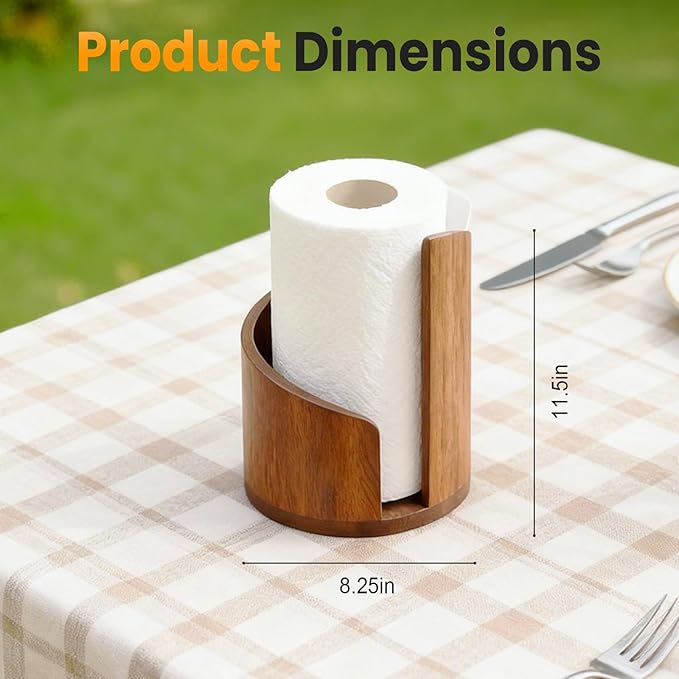 Mountain Paper Towel Holder Countertop, 2026 Upgrade 100% Natural Mango Wood Round Base and Iron Holder, Wooden Paper Towel Holder for Kitchen Roll Organize Dining Table Home Decor (Brown)