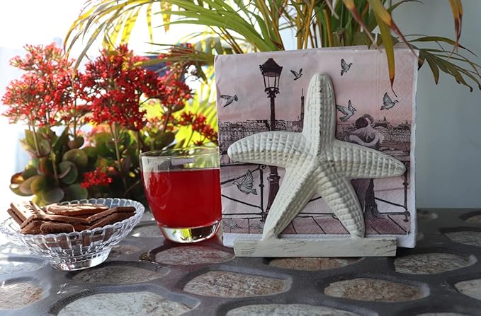 Nautical Metal Napkin Holder for Lunch/Dinner/Beverage Cocktail Napkin Holder For Kitchen/Ocean/Coastal By The Metal Magician (Starfish Sea White)