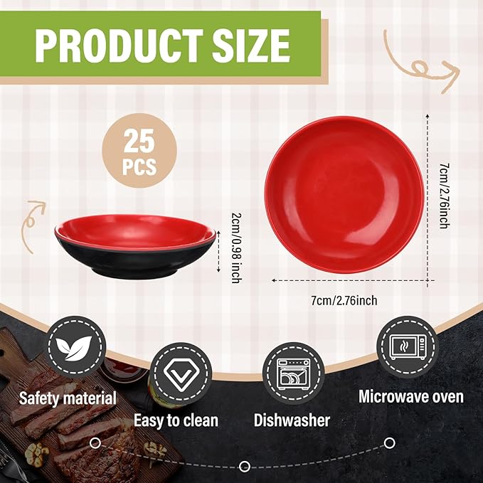 Hushee 25 Pcs Dipping Bowls Soy Sauce Dishes Dipping Sauce Cups Serving Plate Set Black Red Side Small Dish Pinch Bowls for Condiment, Soy, BBQ, Desserts(Round)