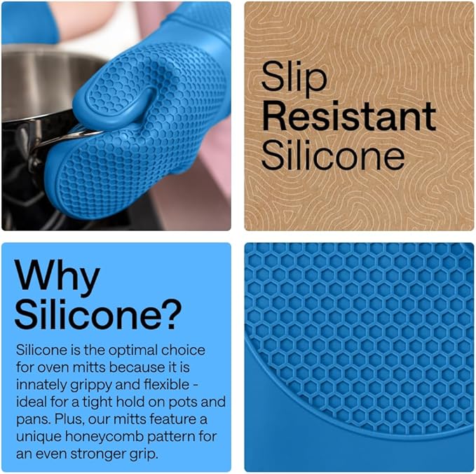 GORILLA GRIP BPA-Free Soft Silicone Oven Mitts, Heat Resistant and Waterproof Cooking Gloves, Thick Cotton Lining, Flexible Gripping for Baking Grilling, Kitchen Potholders Set of 2, 12.5x8.3, Aqua