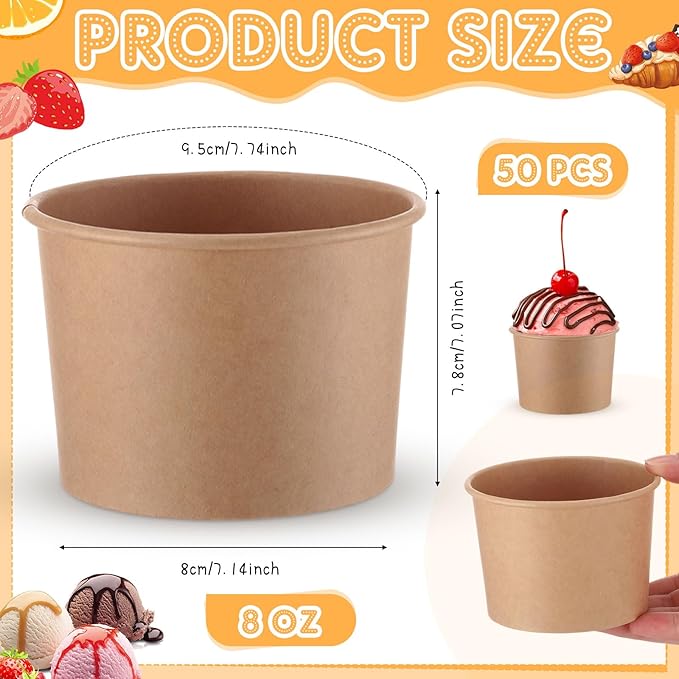 Honeydak 50 Pieces Ice Cream Soup Cups Paper Disposable Sundae Bowls Kraft Paper Hot Cold Snack Yogurt Dessert Small Cups for Ice Cream Baby Shower Party Supplies, Brown Disposable Bowls(8 Oz)