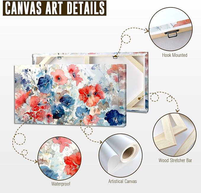 ADJUVANT Wall Art Watercolor Vibrant Floral 60"L x 30"W, Colorful Poppies With Soft Hues Canvas Painting Lively Blooms Artwork Delicate Tones Prints Wall Decor for Living Room Bedroom Bathroom Home Office