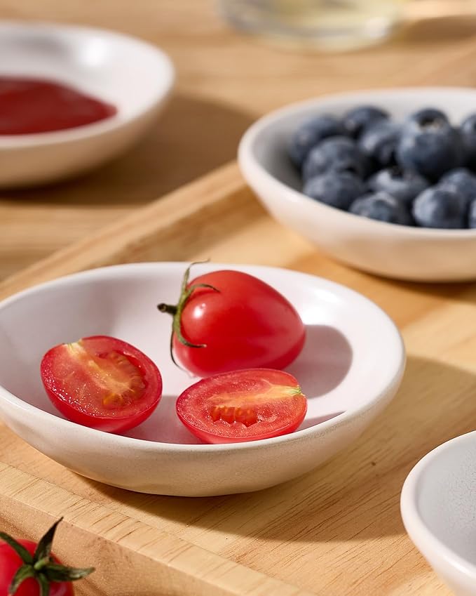 famiware Ocean Soy Sauce Dishes of 6, Oval Dipping Sauce Cups/Bowls for Kitchen, 2.1oz Ceramic Small Bowls for Side Dish, Appetizers, Snacks, and Sushi, Reactive Glaze, Dishwasher Safe, Matte White