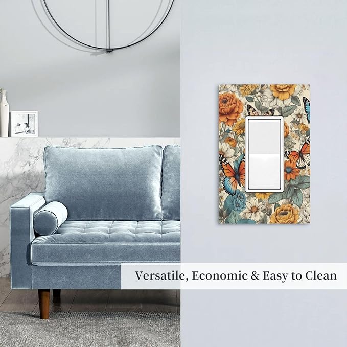 Outlet Covers Vintage Colorful Floral Butterfly Flowers 1 Gang Wall Plate Single Rocker Light Switch Cover Decorative GFCI Receptacle Electrical Switchplate for Bathroom Bedroom Decor（2 Pack）