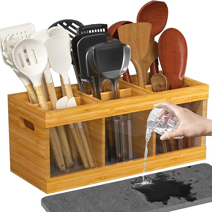 Yofidra Bamboo Utensil Holder & Silverware Organizer: Extra Large Cooking Holder with Absorbing Drying Stone and 6 Compartments Kitchen Countertop Storage Farmhouse Decor Accessories 11.8"X4.7"X5.9"