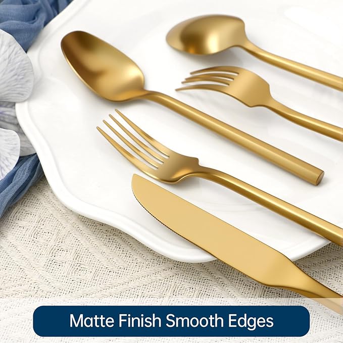 Silverware Set 40-Piece Stainless Steel Matte Gold Cutlery, Hand Forged Thick Hexagon Handle Flatware Sets, Service for 8