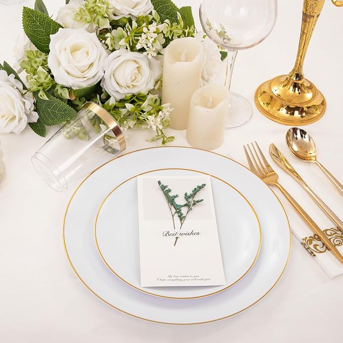 MirthMood 210Pcs Disposable Plastic Plates Set, Gold and White Plastic Party Plates, Includes:30 Dinner Plates, 30 Dessert Dinnerware, 30 Cups, 30 Napkin Cutlery for Spring Wedding,Birthday Party