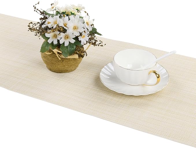 SHACOS Woven Vinyl Table Runner PVC Table Runners 12 x 54 inch Wipeable Plastic Heat Resistant Runner for Table Indoor Outdoor, Beige White