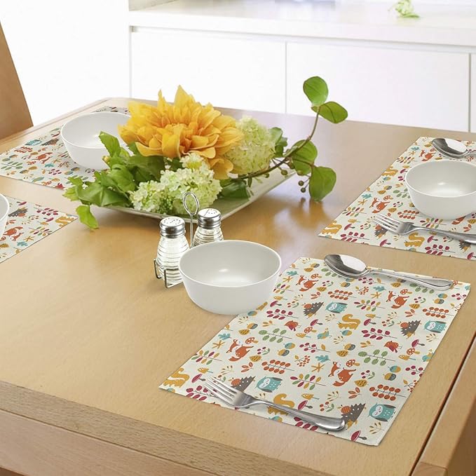 Ambesonne Cartoon Place Mats Set of 4, Autumn Pattern Owl Fox Squirrel Birds Animal Leaves Print, Washable Fabric Placemats for Dining Table, Standard Size, Cream Orange