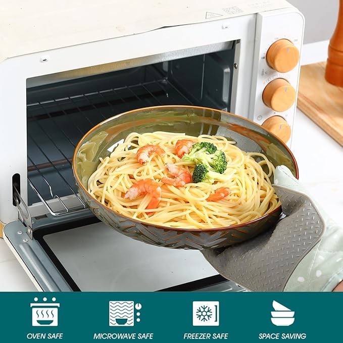 Sureasy Pasta Bowls Set of 4-30oz Large Ceramic Embossed Bowl Plates, 8.5 Inch Wide and Shallow Plate Bowls, Salad Bowl, Microwave, Oven & Dishwasher Safe, Green