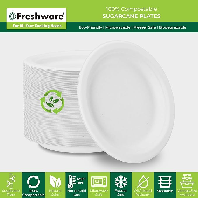 Freshware Paper Plates - Disposable 9" Plate, 125-Pack Biodegradable Sugarcane Fiber Dinner Plates - Heavy Duty Dinnerware for Hot Food - Microwave & Freezer Safe, Stackable Dinnerware