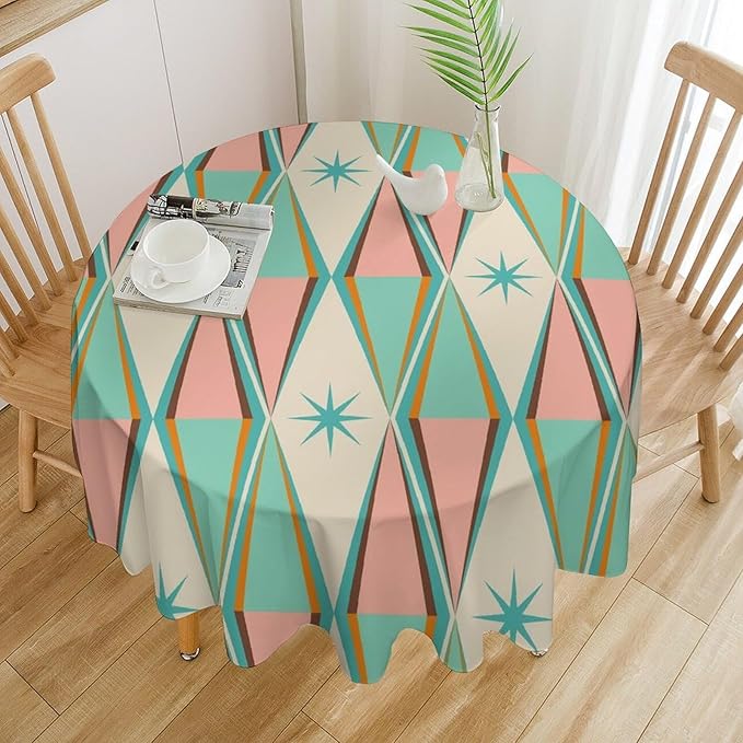 Mid Century Round Tablecloth, Vintage Bohemian Modern Mid-Century 50s 60s Print Tablecloth for Home Party Dining Room Kitchen Decor 60Inch(152cm)