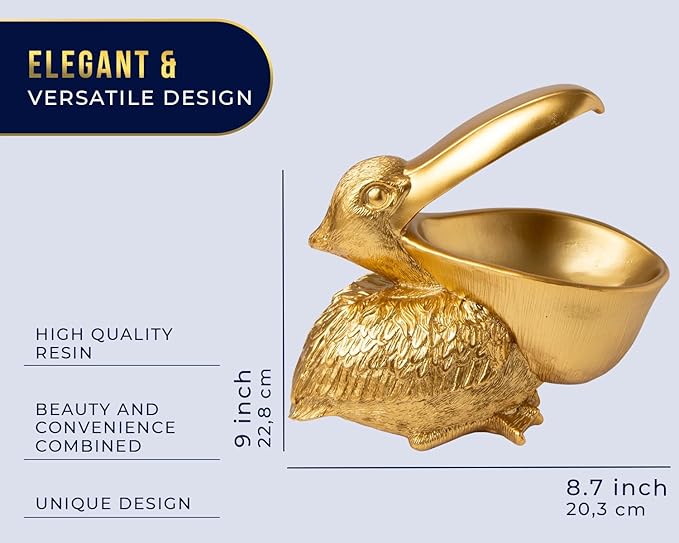 Comfify Pelican Decorative Bowl – Cast Resin Sculpture with Open Dish Design for Snacks, Candies, Keys, or Jewelry – 20 oz Holder with Elegant Golden Finish – Ornamental Accent Piece