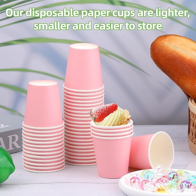 Wuadua 100 Pack 3 oz Pink Disposable Paper Cups - Sturdy and Leak-Proof for Parties, Events, Office, Home Use Disposable Mouthwash Cups - Ideal for Hot/Cold Drinks, Smooth Rim Design, Eco-Friendly