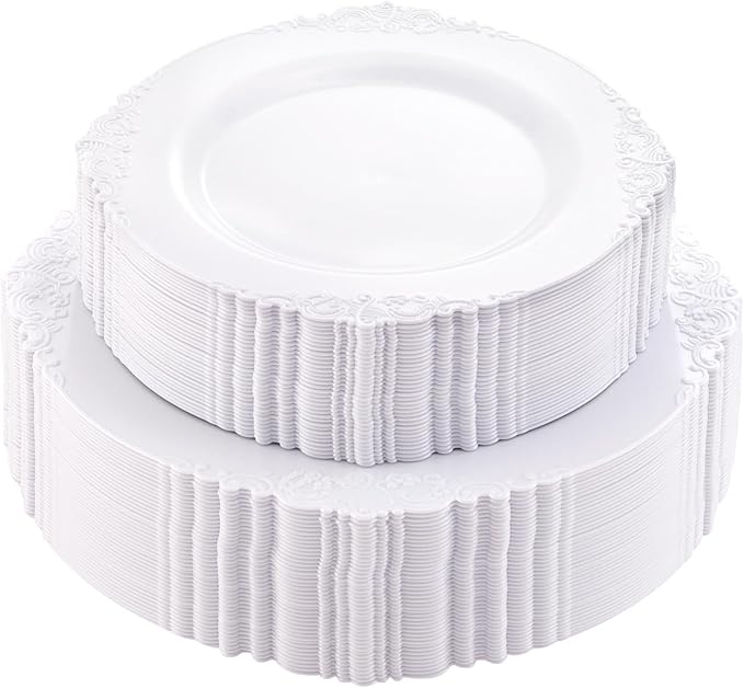 Morejoy 100PCS White Plastic Plates，White Disposable Plates，Include 50 Pieces 10.25 Inch Dinner Plates & 50Pieces 7.5 Inch Dessert Plates,Perfect for Weddings & Party