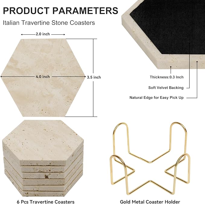 Travertine Coasters Set of 6 with Gold Holder, Hexagonal Rustic Beige Marble Drink Coasters for Coffee Table Decor, Porous Stone Absorbent Coaster for Drinks, Velvet Backed