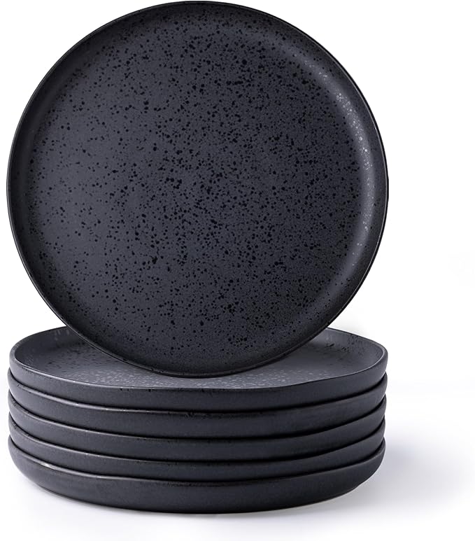 AmorArc Ceramic Dinner Plates Set of 6, Wavy Rim 10.25 Inch Stoneware Dish Set, Dinnerware Plates for Kitchen-Microwave&Dishwasher Safe, Scratch Resistant-Reactive Glaze Matte Speckled Black