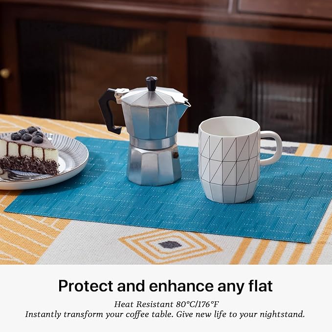LEXMORE Placemats Set of 12 Vinyl/Plastic Woven Place Mats for Kitchen Table Indoor/Outdoor Washable Placemat Wipeable Dining Table Mats(Teal Blue)
