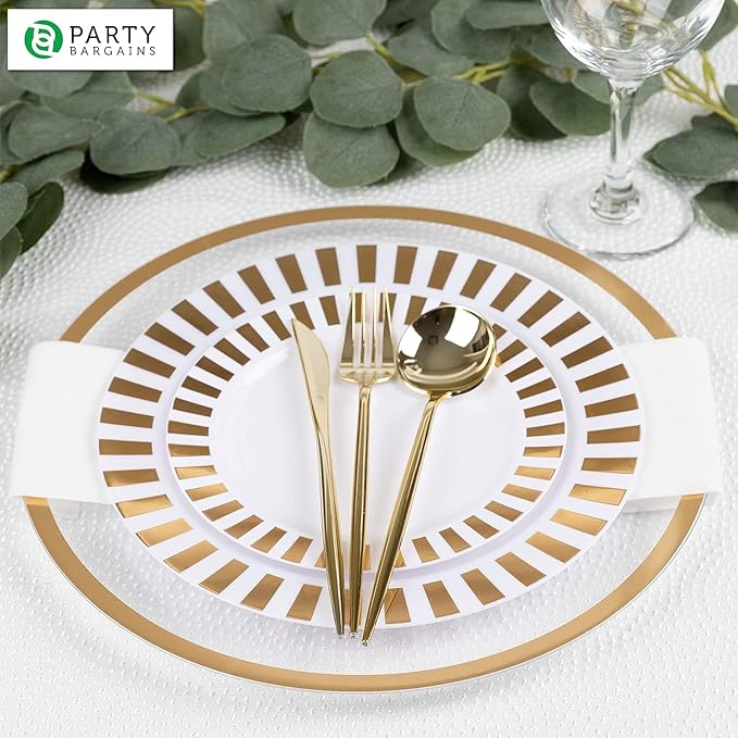 PARTY BARGAINS 13-Inch Charger Plates - 4 Pack, Clear Gold Rim, Heavy-Duty Disposable Chargers for Elegant Dining - Ideal for Weddings and Formal Events