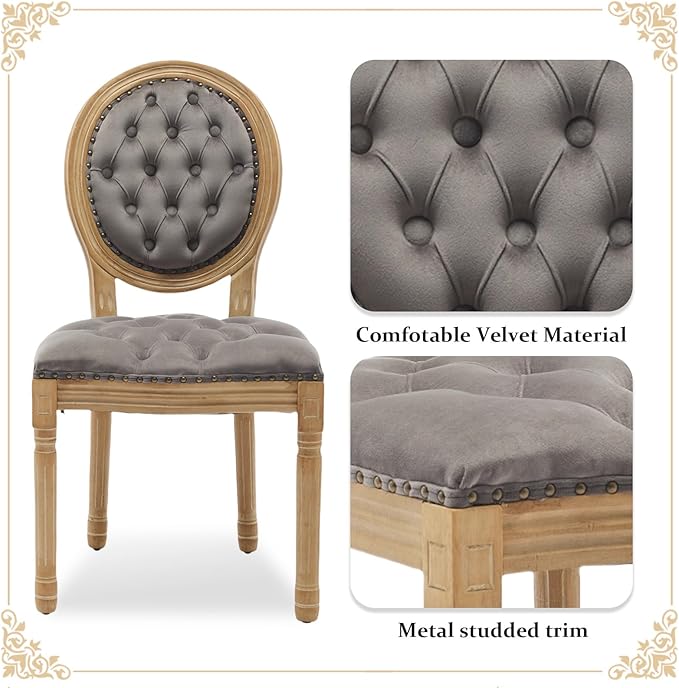 SoarFlash French Velvet Dining Chairs Set of 6, Vantage Dining Chair with Round Back, Wood Leg Farmhouse Country Dining Chair for Kitchen,Bedroom,Grey