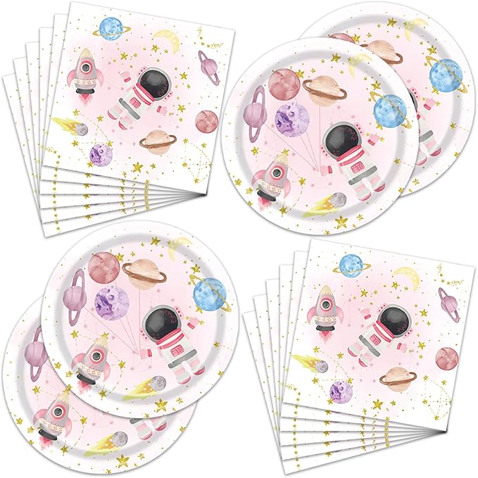 Pink planet Party Plates and Napkins - 40 PCS Pink planet Birthday Party Supplies for Boys and girl Disposable Dinner Dessert Cake Paper Plates Lunch Napkins
