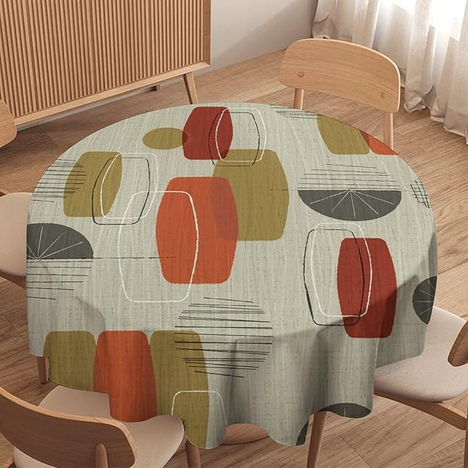 Retro Medieval Bohemian Round Tablecloth, Modern Mid Century Geometric Abstract Print Tablecloth for Home Party Dining Room Kitchen Decor 70Inch(178cm)