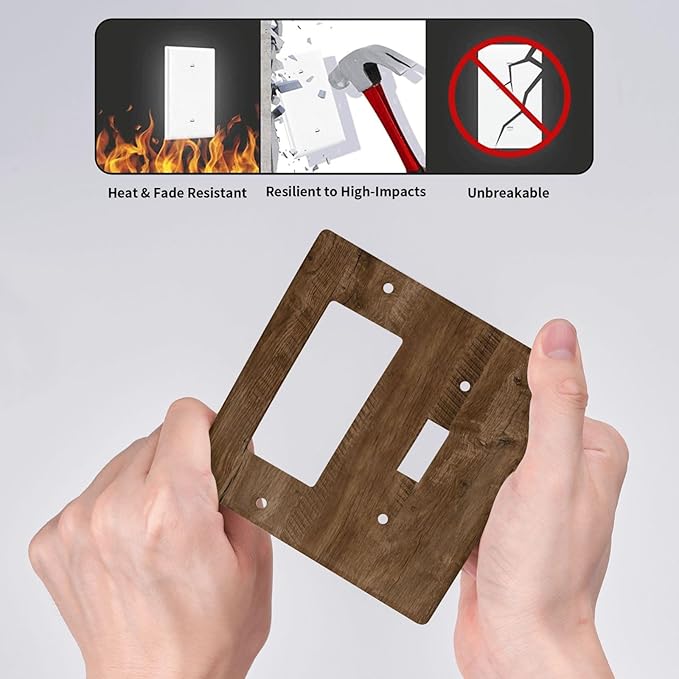 Light Switch Cover Brown Rustic Wood Grain Farmhouse 2 Gang Toggle Rocker Combo Socket Cover Wall Plates Decorative Switch Plates and Outlet Covers for Cabin Bedroom Decor