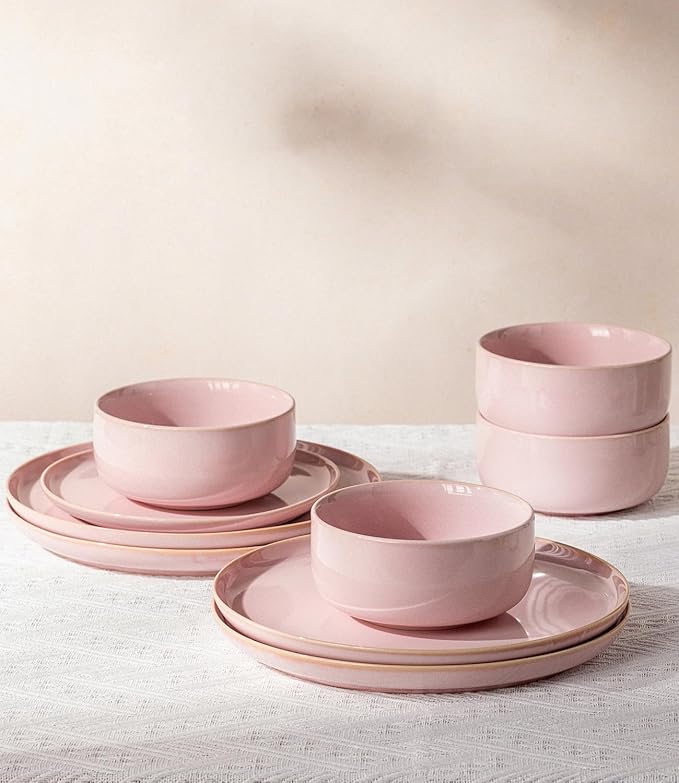 TheTerra Ceramic Dinnerware Sets for 4, 12 Pieces Handmade Reactive Glaze Plates and Bowls Set, Scratch Resistant Dish Set, Oven & Microwave & Dishwasher Safe, Sakura Pink