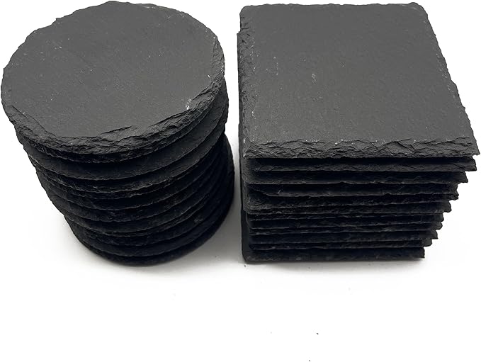 24 Pack 4 inch Slate Coasters,12 Round Pieces + 12 Square Pieces,Handmade Natural Rough Edge,with Integral Anti-Skid pad,Laser Engraving Blanks,Stone Coasters