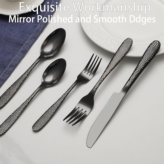 Black Hammered Silverware Set, 40 Piece Stainless Steel Heavy Duty Flatware Set for 8, Food-Grade Tableware Cutlery Set for Home Restaurant, Mirror Polished, Dishwasher Safe