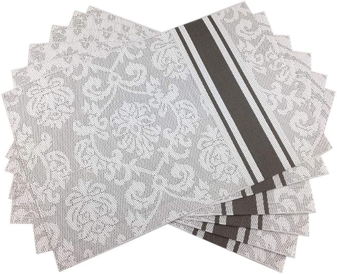 Gugrida Silver Placemats Dining Table, Heat-Resistant Placemats Stain Resistant Anti-Skid Washable PVC Table Mats Woven Vinyl Placemat, Set of 6